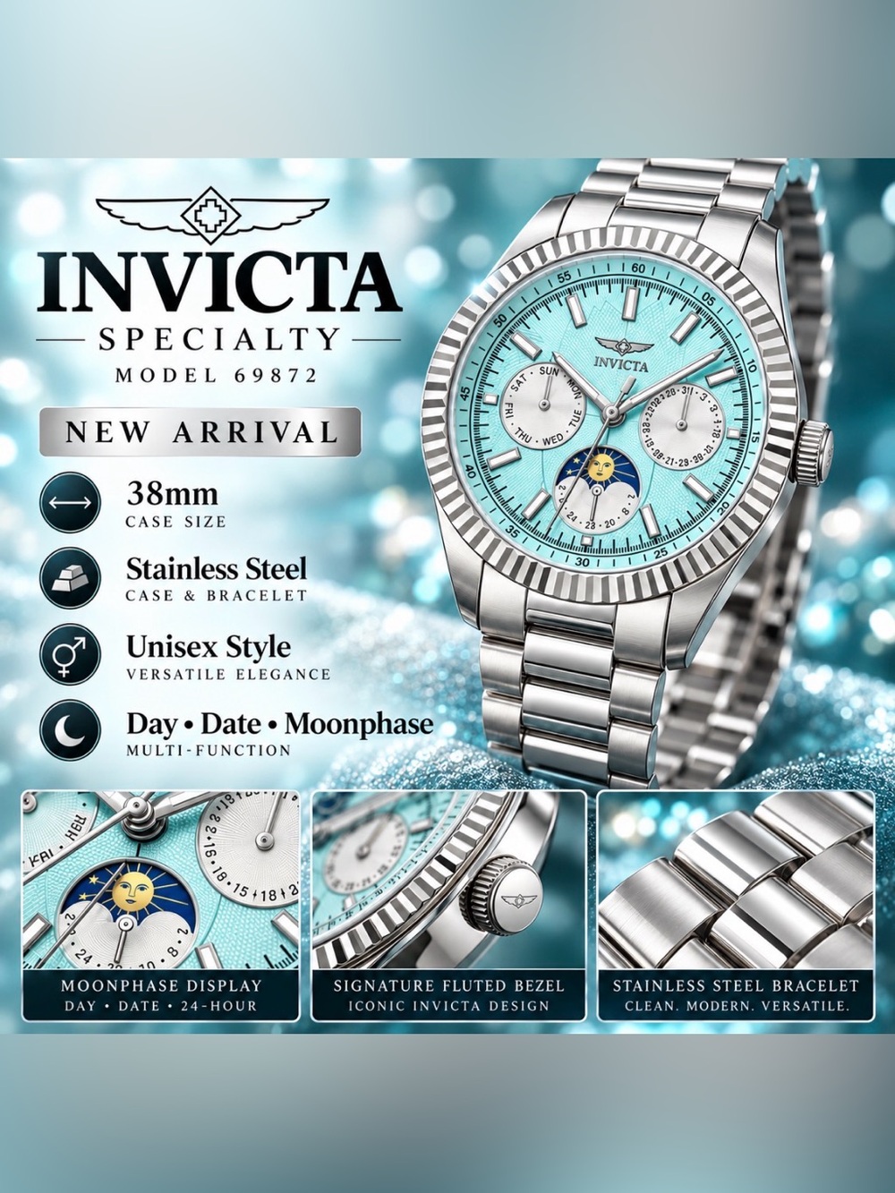 Invicta Stainless Steel Watch with Aqua Blue Dial & Silver Accents